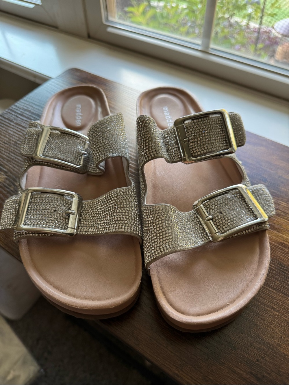 Madden Girl Bodie-R Rhinestone Double-Buckle Slide Sandals - Size 8M